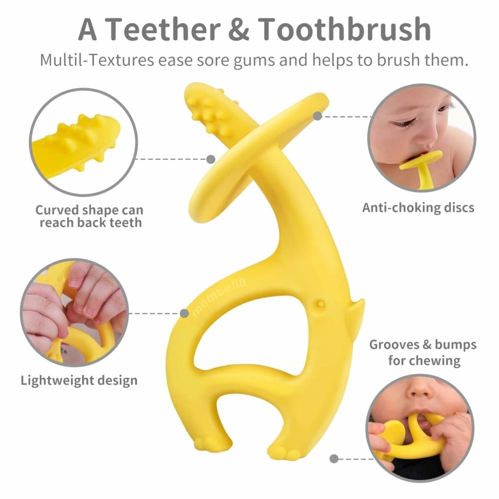 Baby Teething Toys For 3-6-9-12 Months With Strap To Clip  Mombella Dancing Elephant Silicone Teether & Toothbrush For Teeth Beginning & Eruption Period  Relieve Itch  Clean Tongue & Gum  Yellow  |  Teethers All Toys Teethers