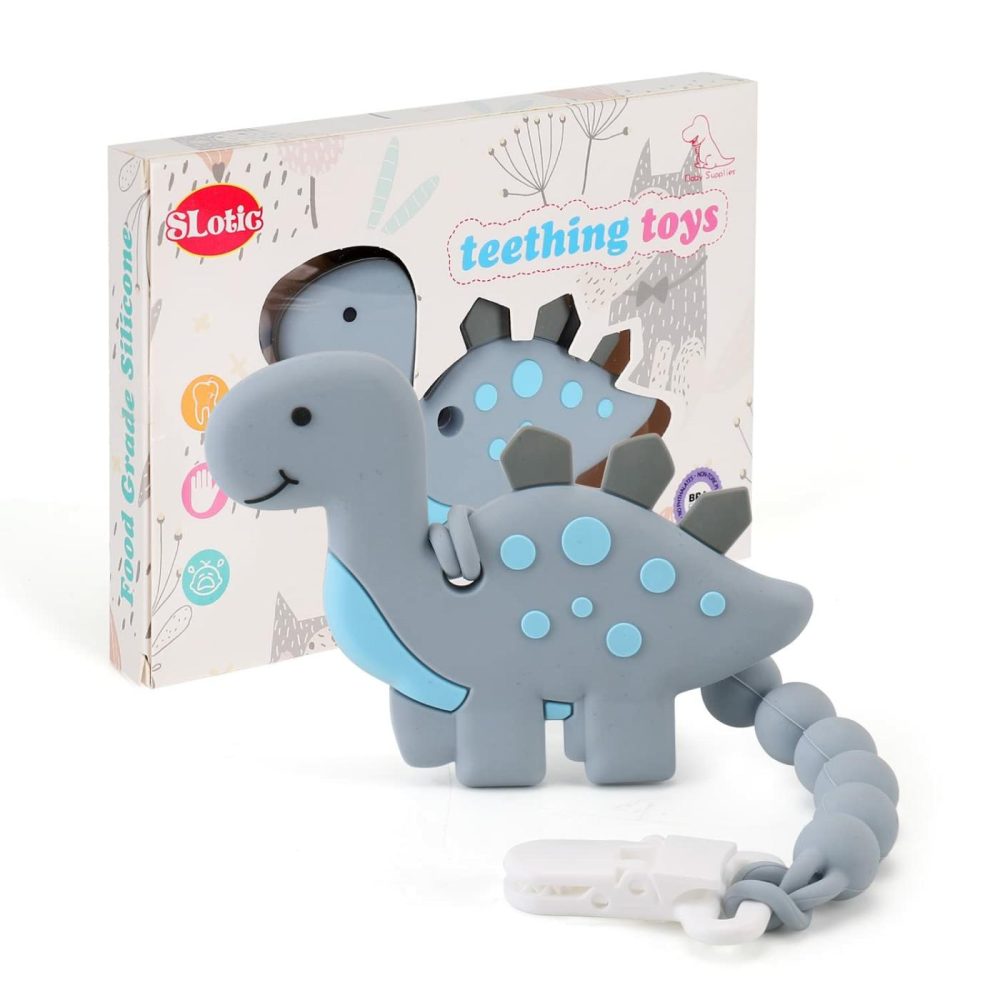 Baby Teething Toys For Babies 3-6 6-12 Months  Dinosaur Teether Pain Relief Toy With One Piece Design Pacifier Clip Holder Set  Freezer Safe Neutral Shower Gift For Boys And Girls (Grey)  |  Teethers All Toys Grey, Round