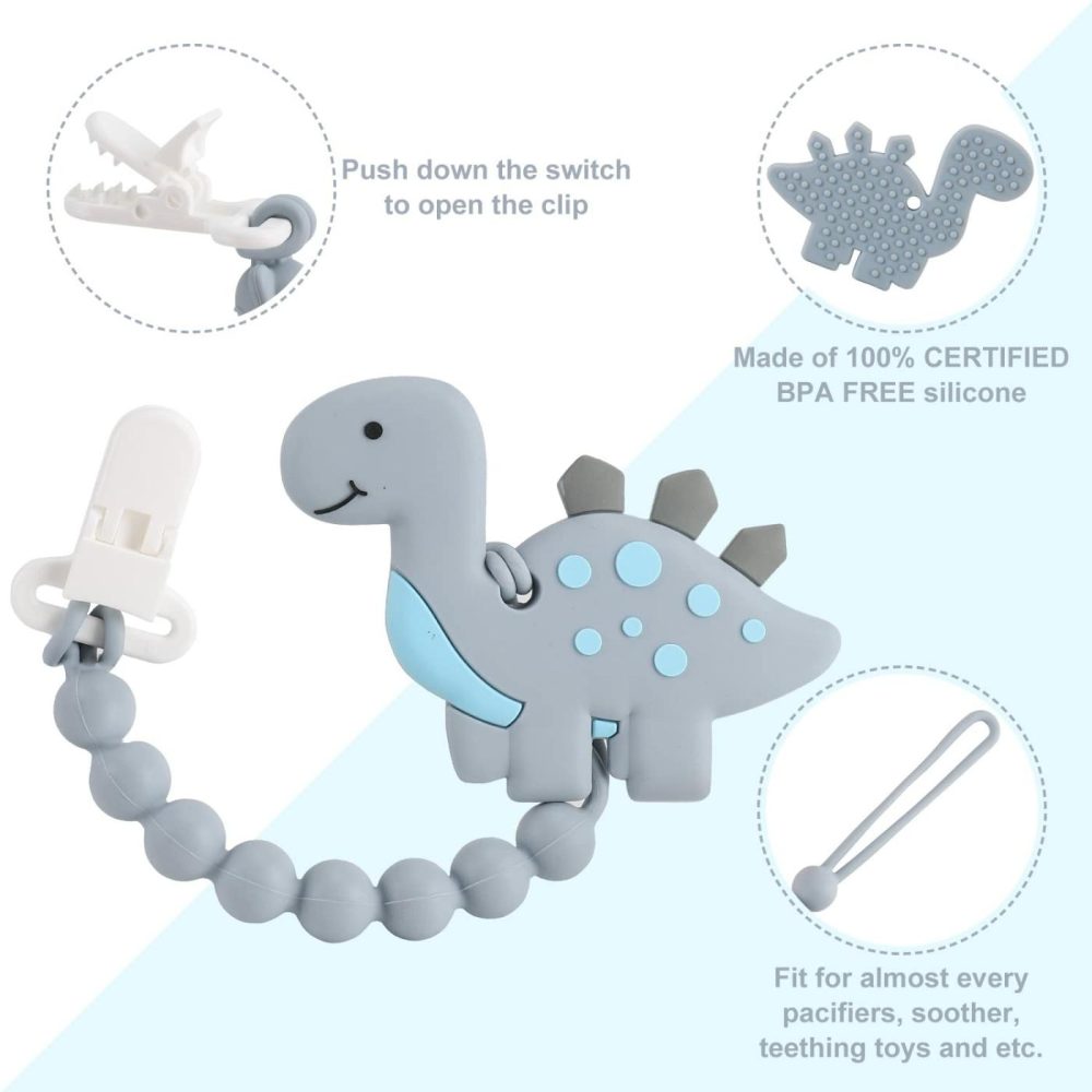 Baby Teething Toys For Babies 3-6 6-12 Months  Dinosaur Teether Pain Relief Toy With One Piece Design Pacifier Clip Holder Set  Freezer Safe Neutral Shower Gift For Boys And Girls (Grey)  |  Teethers All Toys Grey, Round