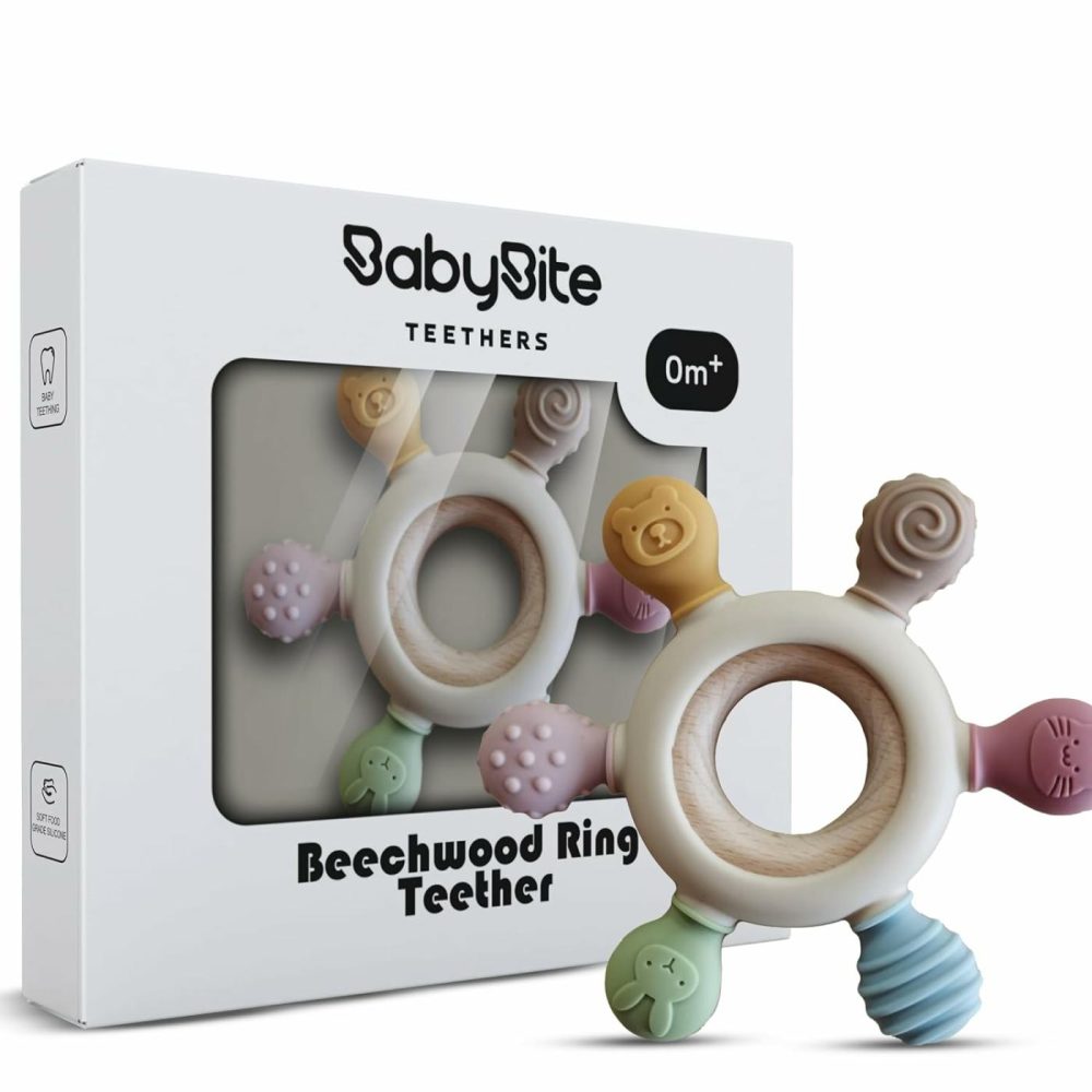 [] Baby Teething Toys Silicone And Beechwood Animal Teether For Sensory And Developmental Play For Baby And Toddler 100% Bpa Free Food Grade Silicone For 0M+  |  Teethers All Toys Beige