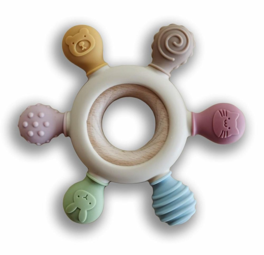 [] Baby Teething Toys Silicone And Beechwood Animal Teether For Sensory And Developmental Play For Baby And Toddler 100% Bpa Free Food Grade Silicone For 0M+  |  Teethers All Toys Beige