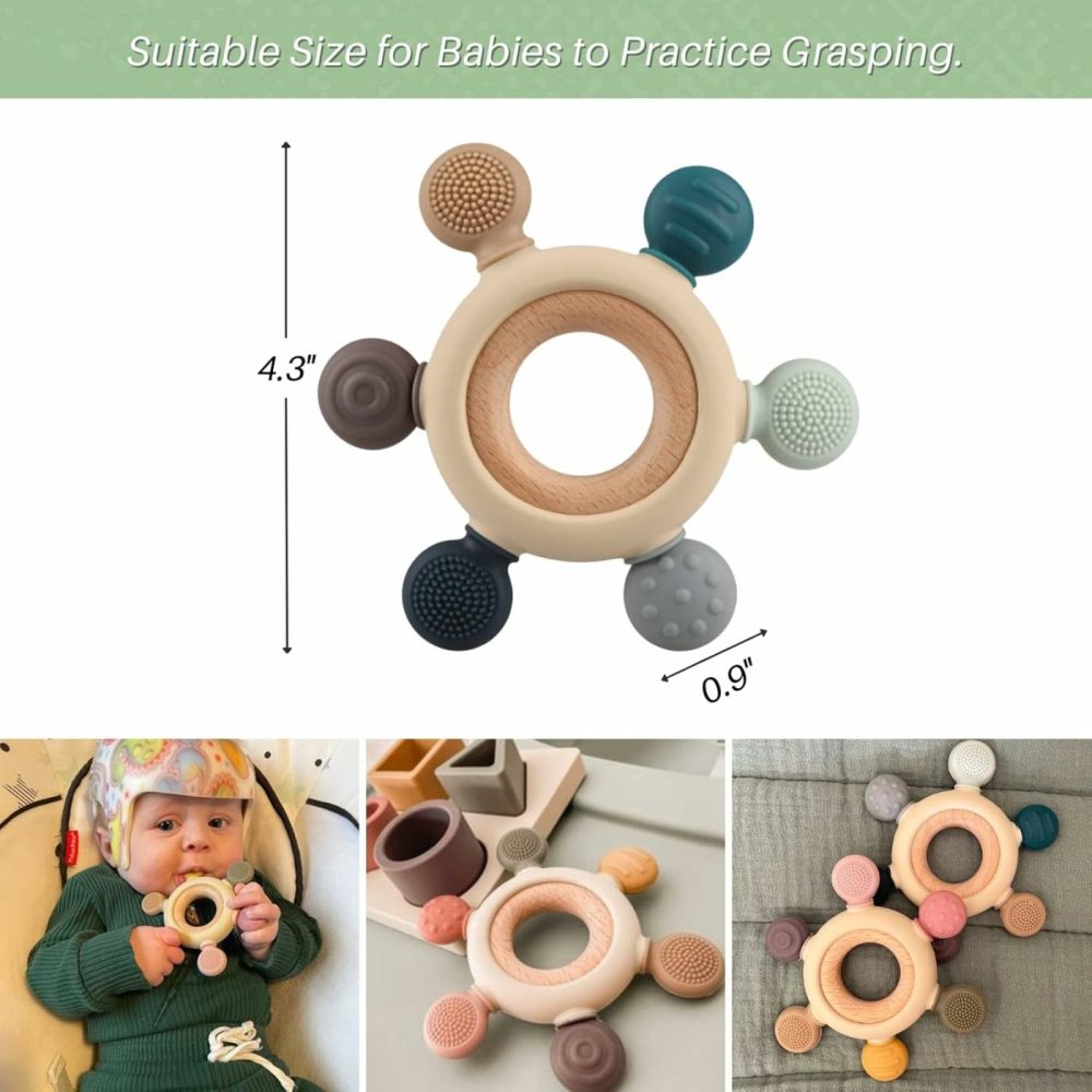 Baby Teething Toys  Silicone Chewable Teethers With Wooden Ring For Soothing Babies Gums  Rudder Chewers Shower Gift For Lnfants & Toddlers  4+ Months (6 Directions  Gray)  |  Teethers All Toys 6 Directions, Gray