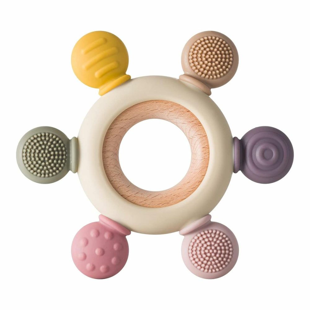 Baby Teething Toys Silicone Teethers Bpa Free Silicone Rudder With Wooden Ring Soothe Babies Gums (Khaki)  |  Teethers All Toys Khaki