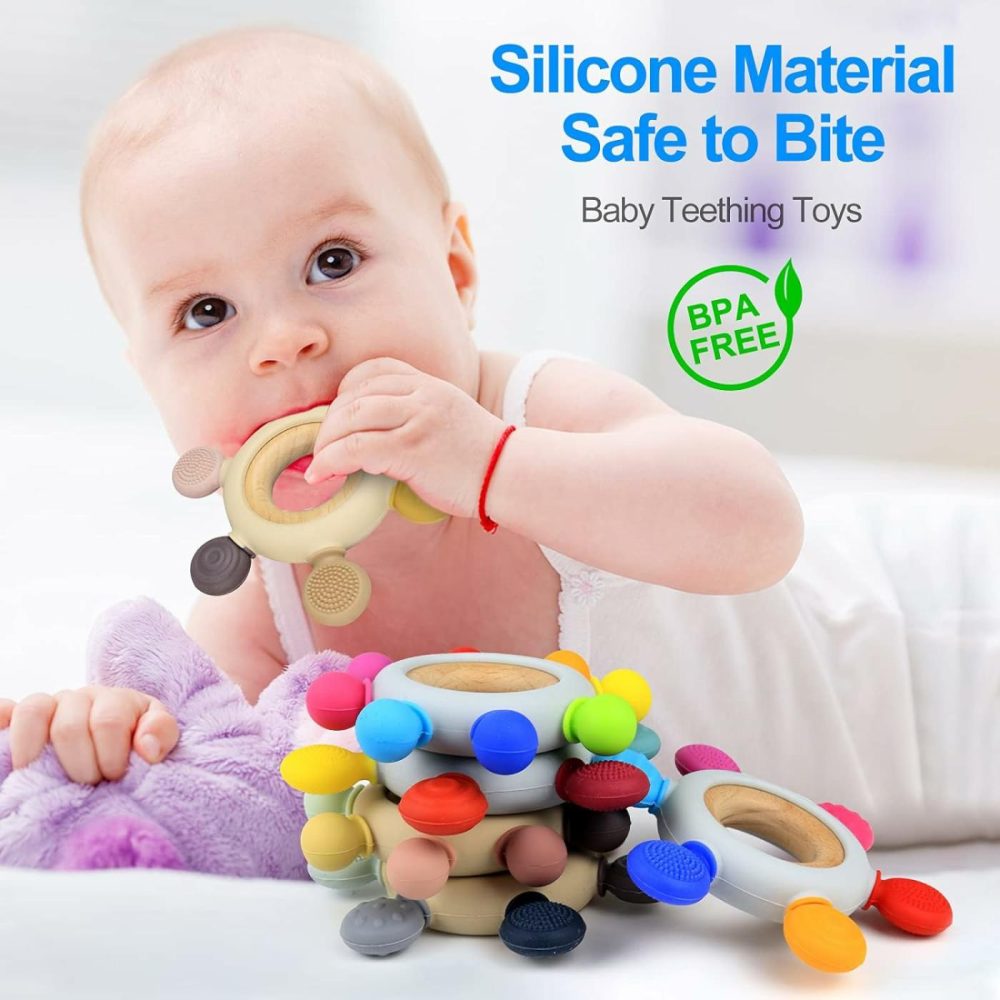 Baby Teething Toys Silicone Teethers Bpa Free Silicone Rudder With Wooden Ring Soothe Babies Gums (Khaki)  |  Teethers All Toys Khaki