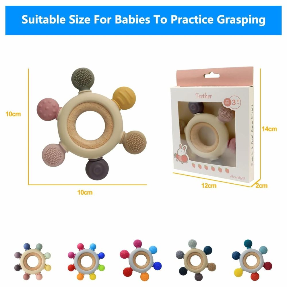 Baby Teething Toys Silicone Teethers Bpa Free Silicone Rudder With Wooden Ring Soothe Babies Gums (Khaki)  |  Teethers All Toys Khaki