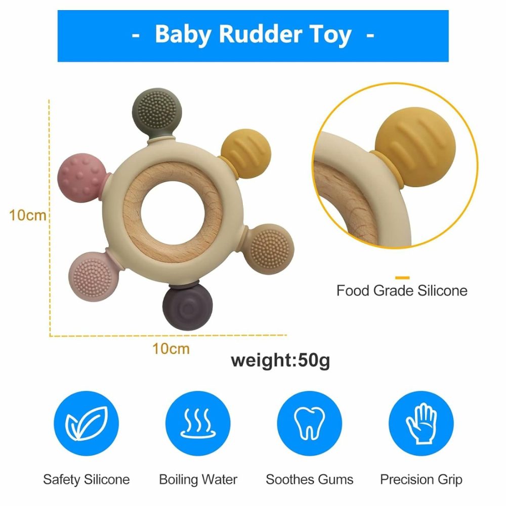 Baby Teething Toys Silicone Teethers Bpa Free Silicone Rudder With Wooden Ring Soothe Babies Gums (Khaki)  |  Teethers All Toys Khaki