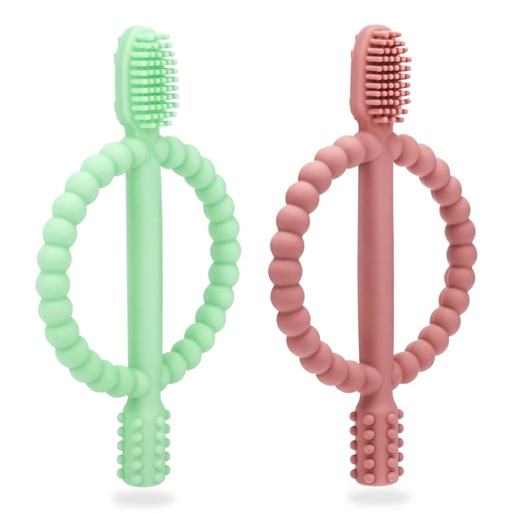 Baby Teething Toys With Easy-Hold Handle  Silicone Infant Toothbrush  Textured On Both Sides Helps Massage  Soothe Sore Gums  Teething Toys For Babies 0-6 Months  6-12 Months  |  Teethers All Toys Bright Green & Caramel