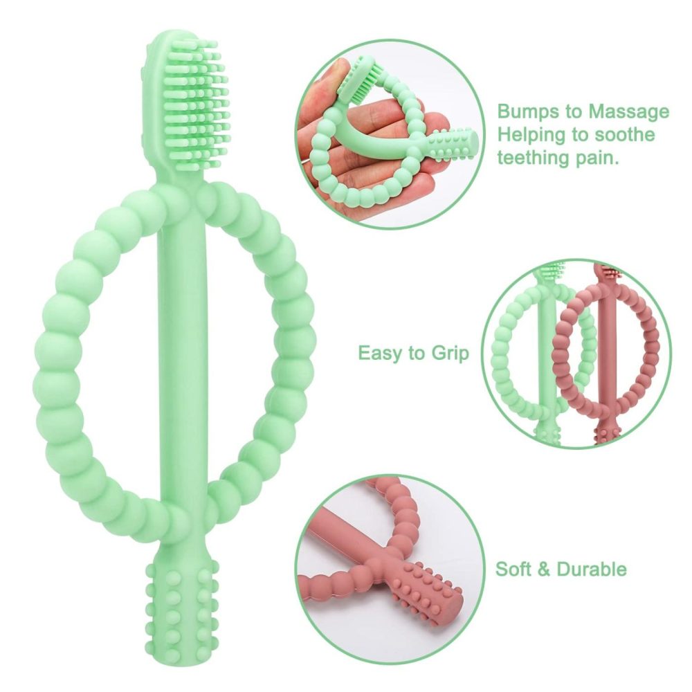 Baby Teething Toys With Easy-Hold Handle  Silicone Infant Toothbrush  Textured On Both Sides Helps Massage  Soothe Sore Gums  Teething Toys For Babies 0-6 Months  6-12 Months  |  Teethers All Toys Bright Green & Caramel