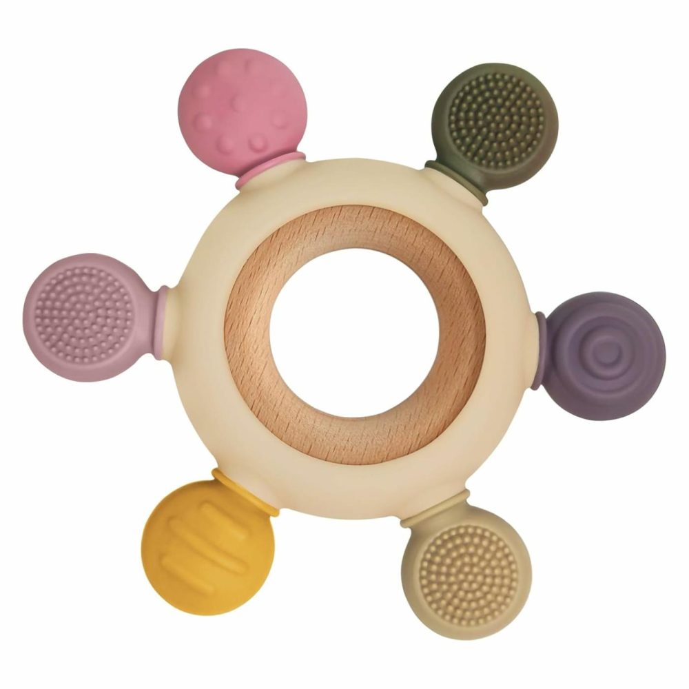 Baby Teething Toys With Wooden Ring  Teethers For Babies 3-6 Months  Wooden Baby Toys  Easy To Grasp Toy For Baby Teething Relief  Chew Toys For Sucking Needs  Silicone Baby Teether Bpa Free  |  Teethers All Toys Pink