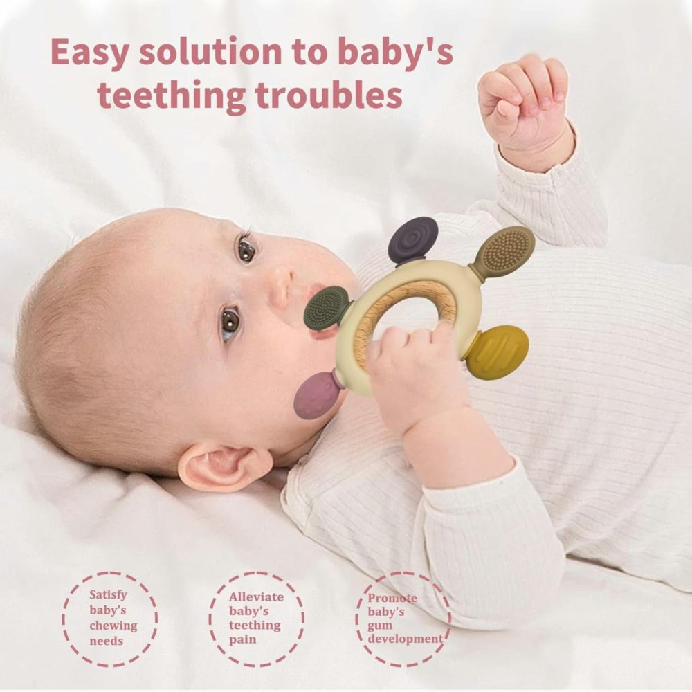 Baby Teething Toys With Wooden Ring  Teethers For Babies 3-6 Months  Wooden Baby Toys  Easy To Grasp Toy For Baby Teething Relief  Chew Toys For Sucking Needs  Silicone Baby Teether Bpa Free  |  Teethers All Toys Pink