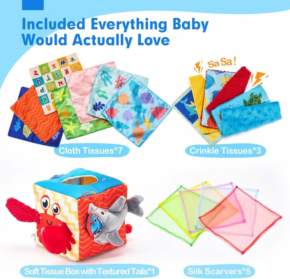 Baby Tissue Box Toy – Baby Toys 6-12 Months Montessori Toys For 6 Month Old Toys With Textured Tails  Cloth Tissues  Crinkle  Squeaky Sounds  Mirror  |  Sorting & Stacking Toys All Toys Sorting & Stacking Toys