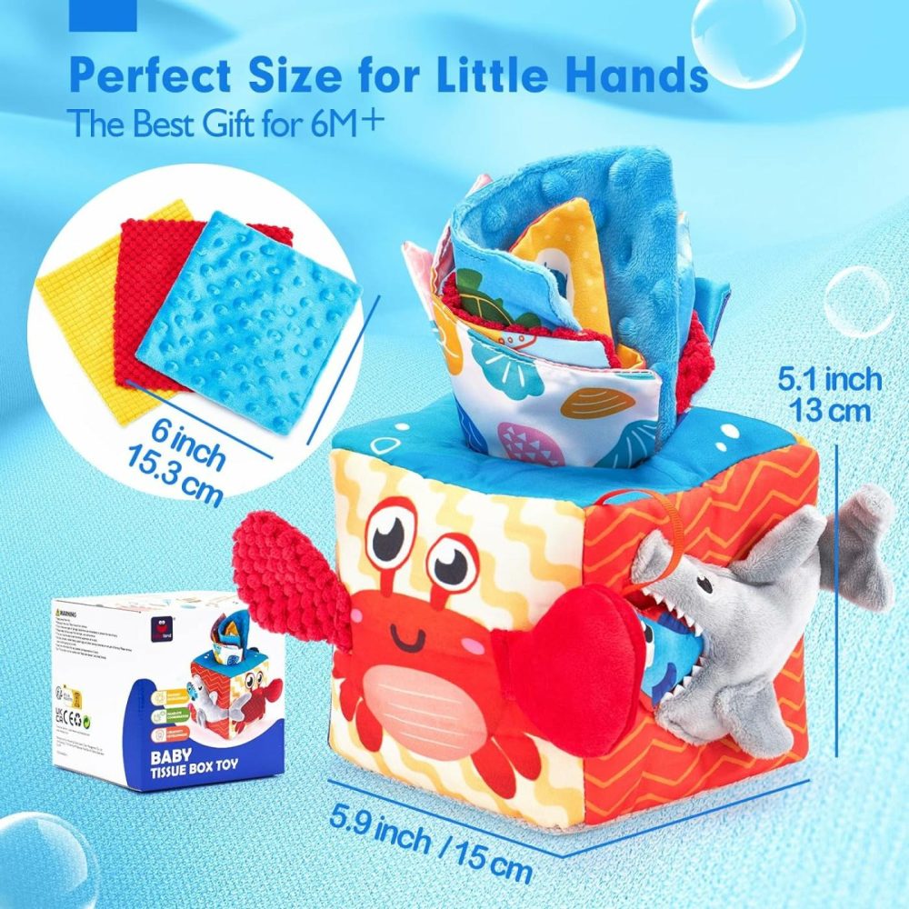 Baby Tissue Box Toy – Baby Toys 6-12 Months Montessori Toys For 6 Month Old Toys With Textured Tails  Cloth Tissues  Crinkle  Squeaky Sounds  Mirror  |  Sorting & Stacking Toys All Toys Sorting & Stacking Toys