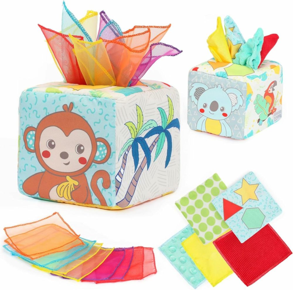 Baby Tissue Box Toy  Montessori Toy For Babies 6-12 Months  Pull Along Sensory Toys With 10 Silk Scarves  3 Stuffed Tissues & 2 Crinkle Paper For Babies Newborns Toddlers & Infants Gift  |  Musical Toys All Toys