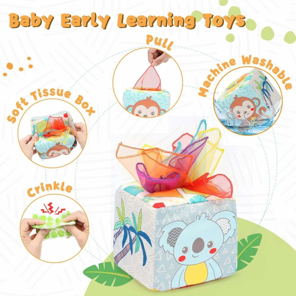 Baby Tissue Box Toy  Montessori Toy For Babies 6-12 Months  Pull Along Sensory Toys With 10 Silk Scarves  3 Stuffed Tissues & 2 Crinkle Paper For Babies Newborns Toddlers & Infants Gift  |  Musical Toys All Toys