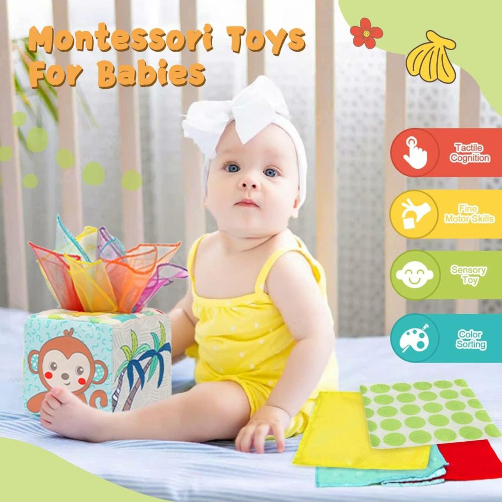 Baby Tissue Box Toy  Montessori Toy For Babies 6-12 Months  Pull Along Sensory Toys With 10 Silk Scarves  3 Stuffed Tissues & 2 Crinkle Paper For Babies Newborns Toddlers & Infants Gift  |  Musical Toys All Toys