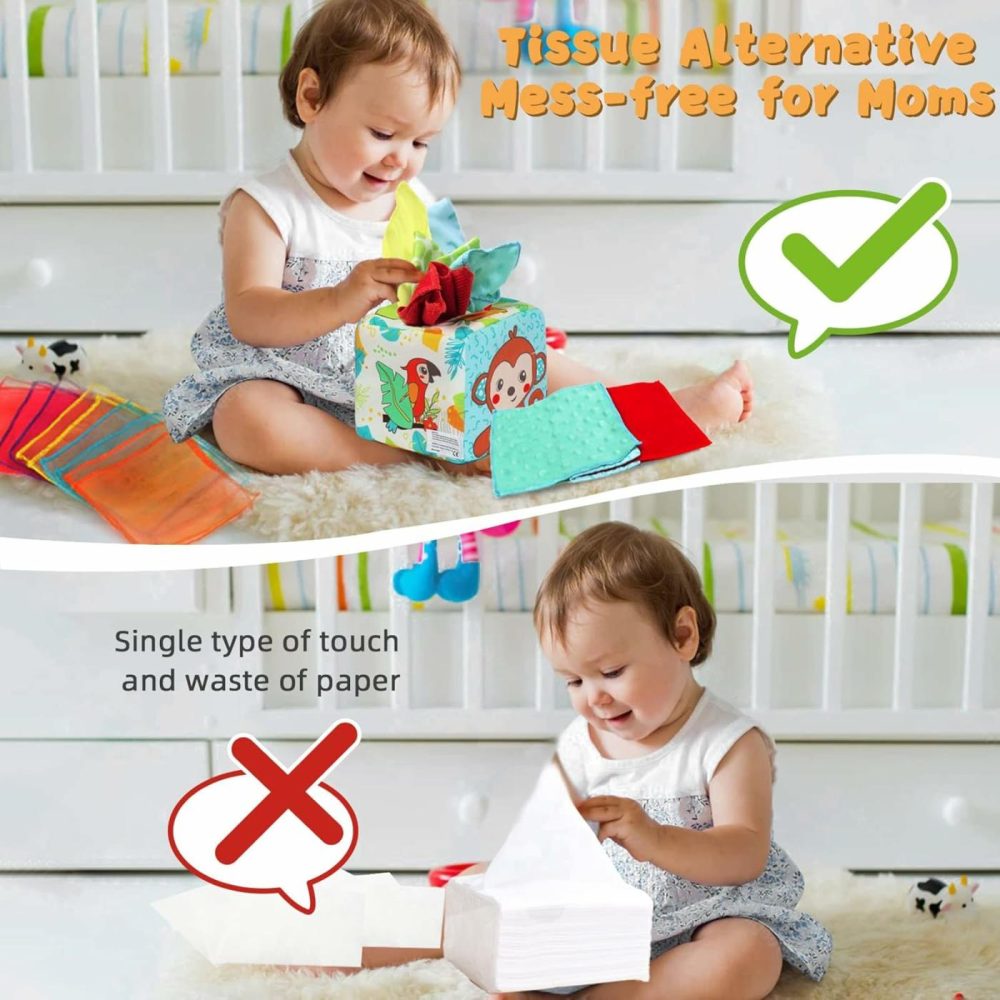 Baby Tissue Box Toy  Montessori Toy For Babies 6-12 Months  Pull Along Sensory Toys With 10 Silk Scarves  3 Stuffed Tissues & 2 Crinkle Paper For Babies Newborns Toddlers & Infants Gift  |  Musical Toys All Toys