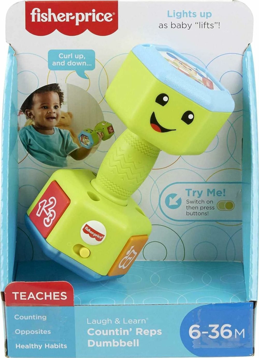 Baby & Toddler Toy Laugh & Learn Countin’ Reps Dumbbell Rattle With Learning Lights & Music For Infants Ages 6+ Months​  |  Electronic Early Development Toys All Toys Electronic Early Development Toys