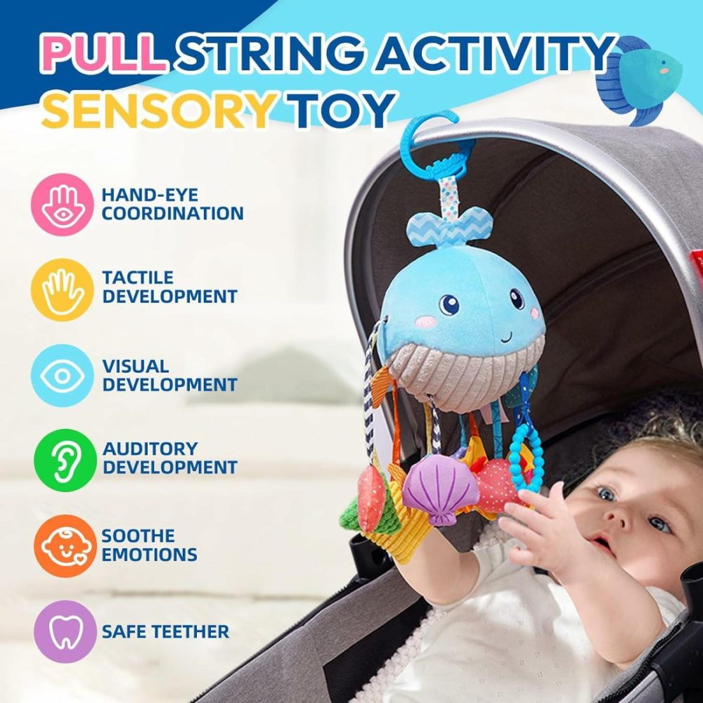 Baby Toys 0-6-12-18 Months For Stroller Crib Gym Or Car Seat  Plush Pull String Whale Hanging Toy With Teether Rattle & Squeaker  Montessori Sensory Toys For Toddlers  Baby Boy Girl Gifts  |  Car Seat & Stroller Toys All Toys Car Seat & Stroller Toys