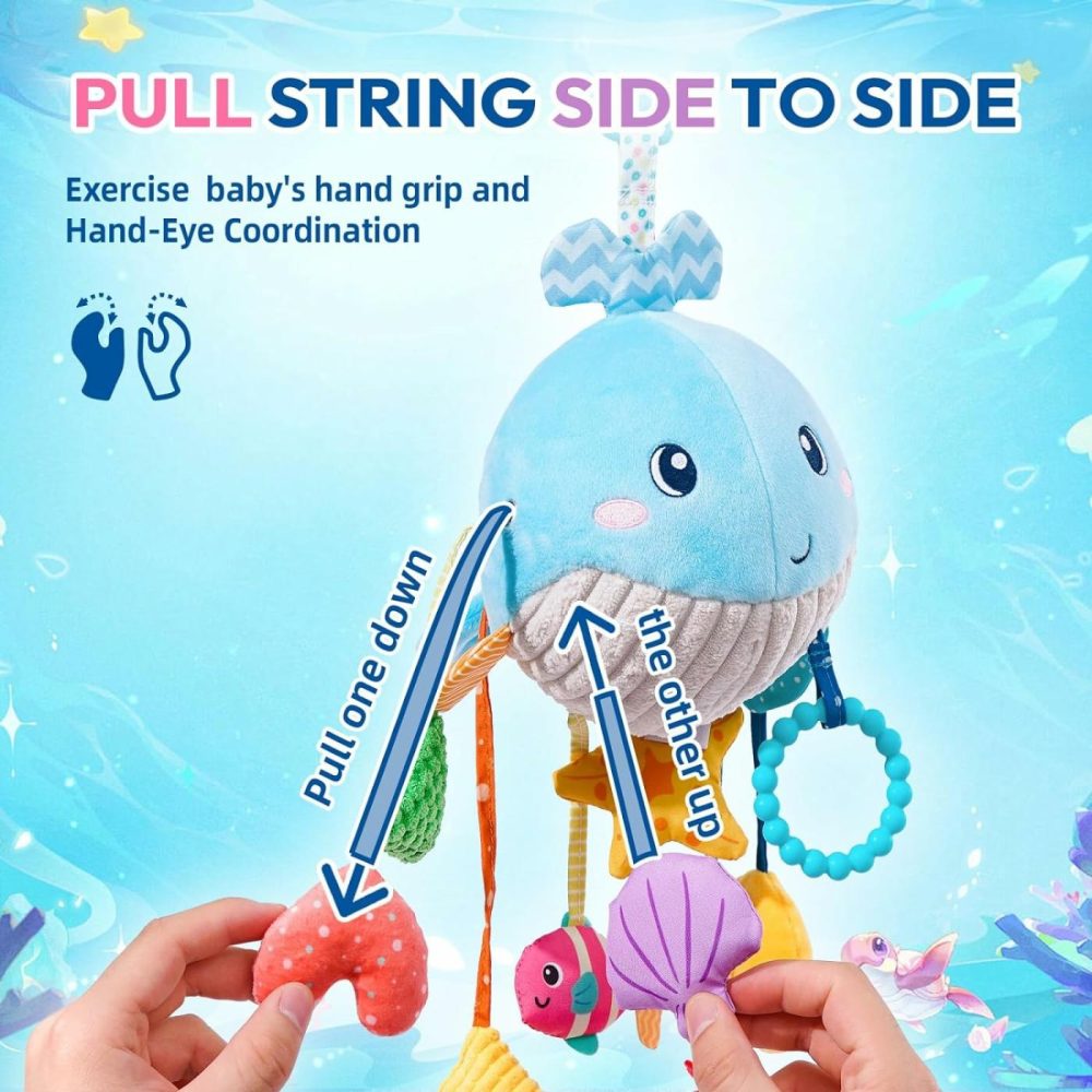 Baby Toys 0-6-12-18 Months For Stroller Crib Gym Or Car Seat  Plush Pull String Whale Hanging Toy With Teether Rattle & Squeaker  Montessori Sensory Toys For Toddlers  Baby Boy Girl Gifts  |  Car Seat & Stroller Toys All Toys Car Seat & Stroller Toys