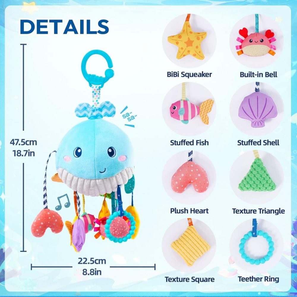 Baby Toys 0-6-12-18 Months For Stroller Crib Gym Or Car Seat  Plush Pull String Whale Hanging Toy With Teether Rattle & Squeaker  Montessori Sensory Toys For Toddlers  Baby Boy Girl Gifts  |  Car Seat & Stroller Toys All Toys Car Seat & Stroller Toys