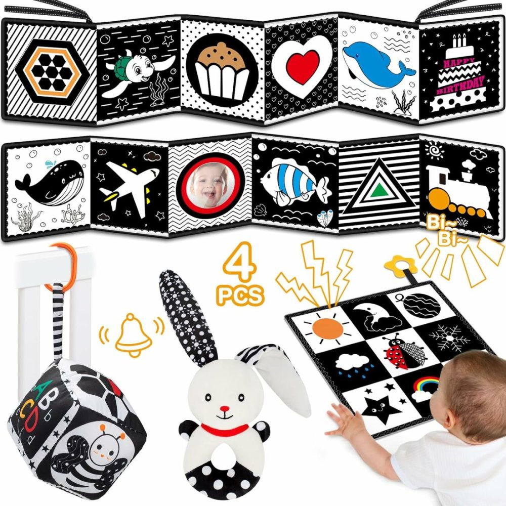 Baby Toys 0-6 Months – 4 Pcs High Contrast Black And White Baby Toy 0-3 Months For Newborn – Tummy Time Toys Infant Sensory Toys Soft Book For Babies Girls Boys Gifts 0 3 6 9 Months  |  Rattles & Plush Rings All Toys Rattles & Plush Rings