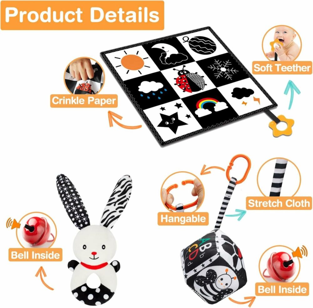 Baby Toys 0-6 Months – 4 Pcs High Contrast Black And White Baby Toy 0-3 Months For Newborn – Tummy Time Toys Infant Sensory Toys Soft Book For Babies Girls Boys Gifts 0 3 6 9 Months  |  Rattles & Plush Rings All Toys Rattles & Plush Rings