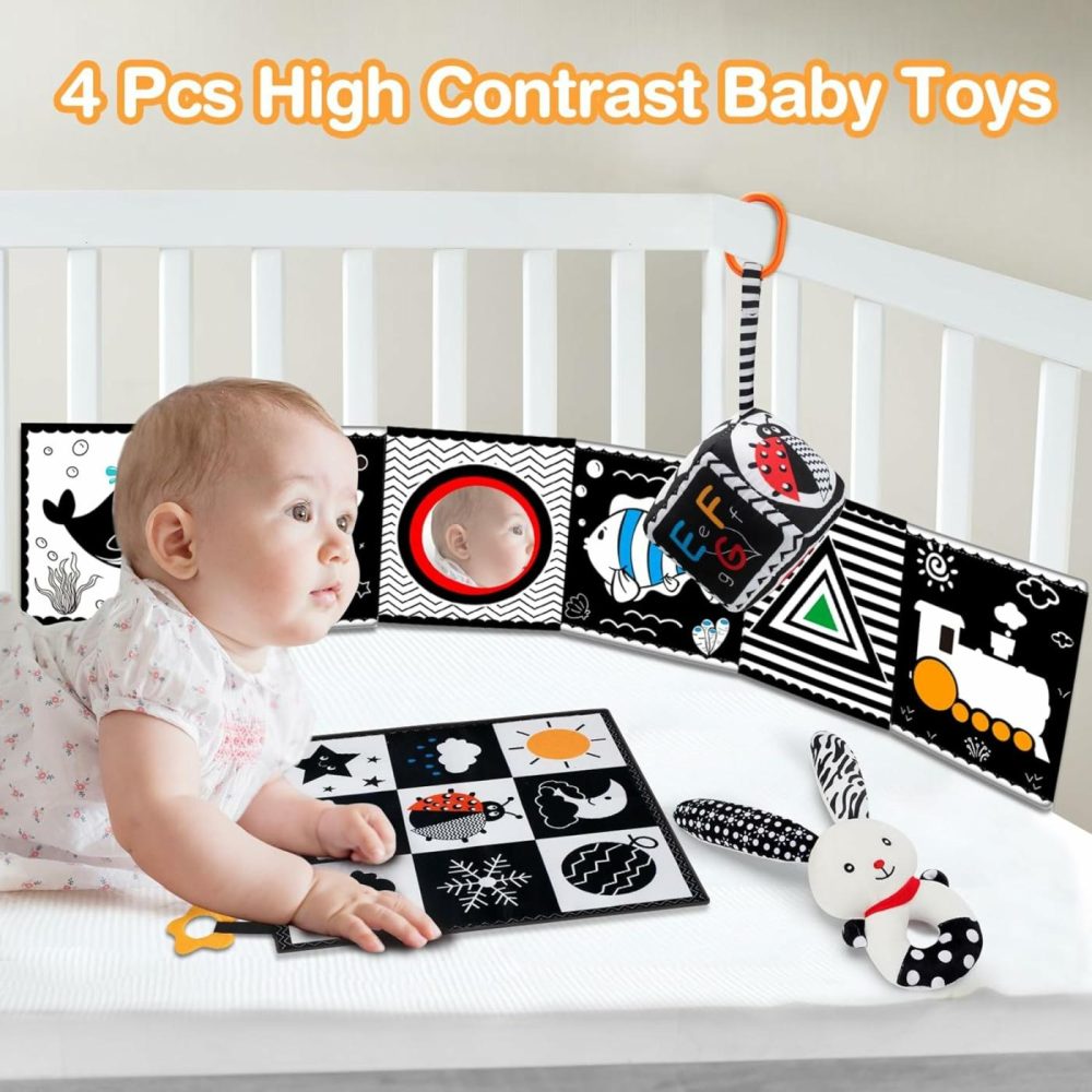 Baby Toys 0-6 Months – 4 Pcs High Contrast Black And White Baby Toy 0-3 Months For Newborn – Tummy Time Toys Infant Sensory Toys Soft Book For Babies Girls Boys Gifts 0 3 6 9 Months  |  Rattles & Plush Rings All Toys Rattles & Plush Rings