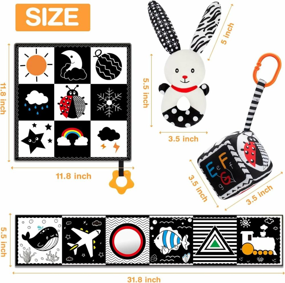 Baby Toys 0-6 Months – 4 Pcs High Contrast Black And White Baby Toy 0-3 Months For Newborn – Tummy Time Toys Infant Sensory Toys Soft Book For Babies Girls Boys Gifts 0 3 6 9 Months  |  Rattles & Plush Rings All Toys Rattles & Plush Rings