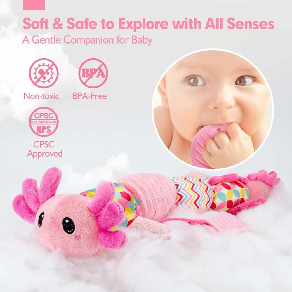 Baby Toys 0-6 Months – Musical Axolotl Plush With Rattle,Teether,Mirror,Squeaky,Crinkle Baby Girl Gifts,Tummy Time,Montessori,Sensory Toys For Babies  |  Rattles & Plush Rings All Toys multicolored