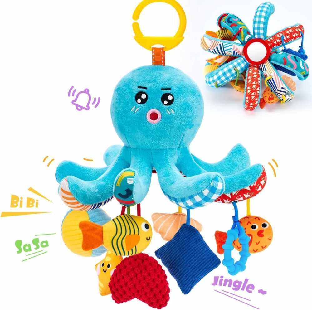 Baby Toys 0-6 Months – Octopus Toy With Pulling Cords  Squeaky  Crinkle  Rattle  Mirror – Baby Toys 3-6 Months Developmental Newborn Infant Toys – Baby Gifts  |  Rattles & Plush Rings All Toys Rattles & Plush Rings