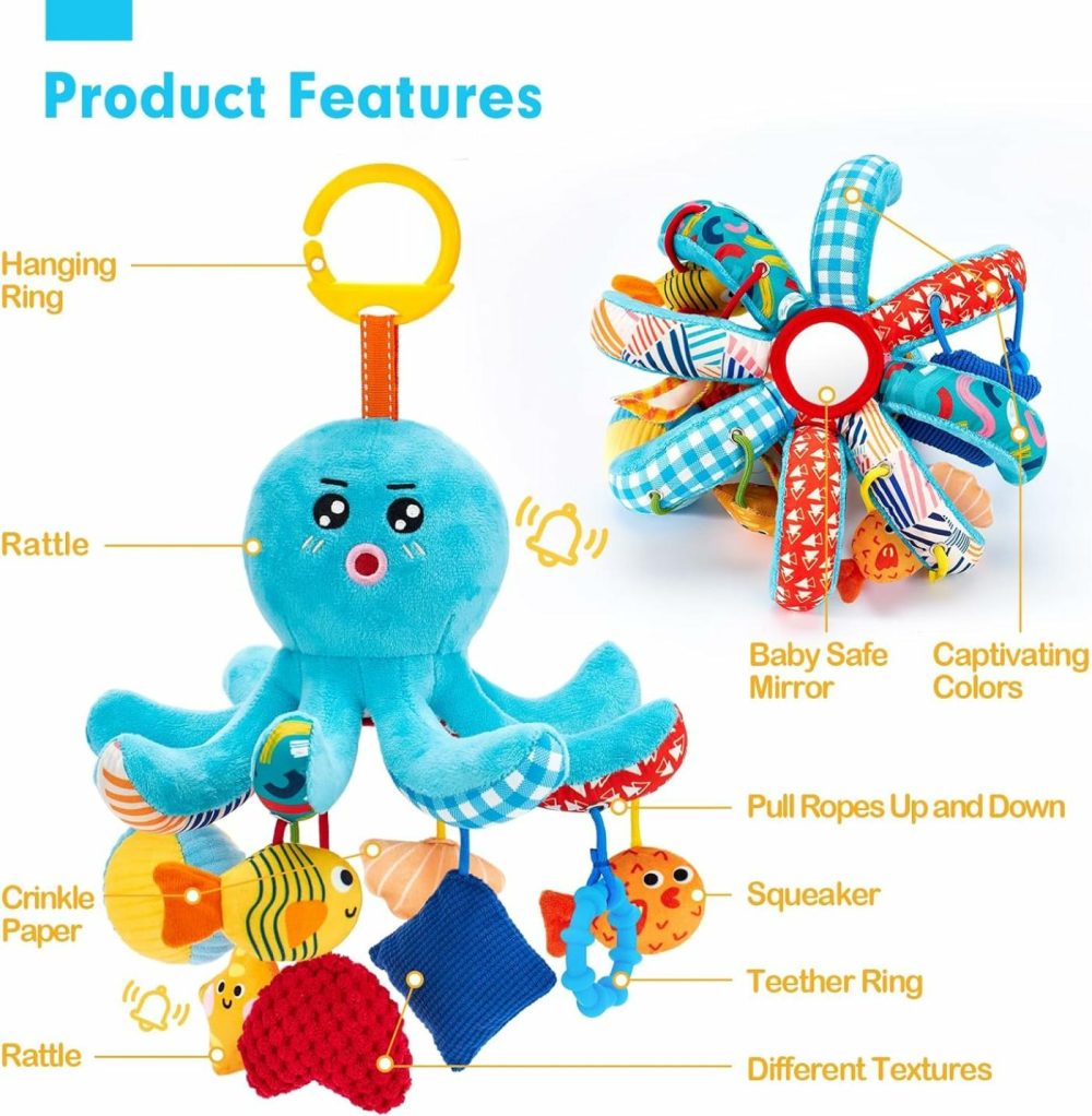 Baby Toys 0-6 Months – Octopus Toy With Pulling Cords  Squeaky  Crinkle  Rattle  Mirror – Baby Toys 3-6 Months Developmental Newborn Infant Toys – Baby Gifts  |  Rattles & Plush Rings All Toys Rattles & Plush Rings