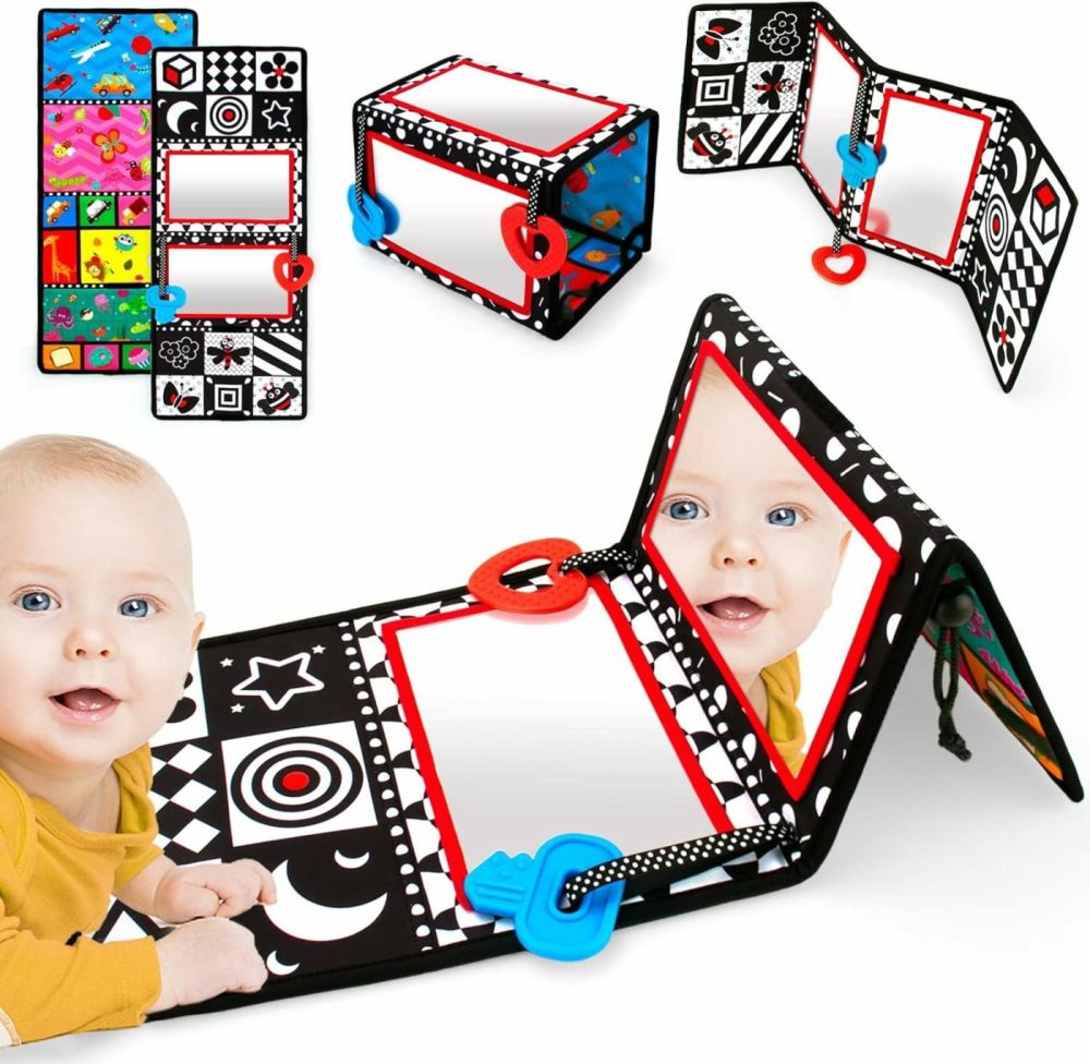 Baby Toys 0-6 Months Tummy Time Mirror  Foldable Baby Mirror Black And White Tummy Time Toys  Double High Contrast Montessori Sensory Toys For Infant Newborn Baby 0 3 6 9 Months  |  Mirrors All Toys Mirrors