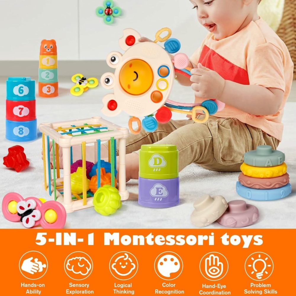 Baby Toys 6-12 Months  Montessori Toys For 1 Year Old  Silicone Pull String Teething Toys  Shape Sorter Bin Sensory Toys  5 In 1 Infant Toys  Stacking Rings & Cups  Toddler Suction Cup Spinner Toy  |  Sorting & Stacking Toys All Toys Sorting & Stacking Toys