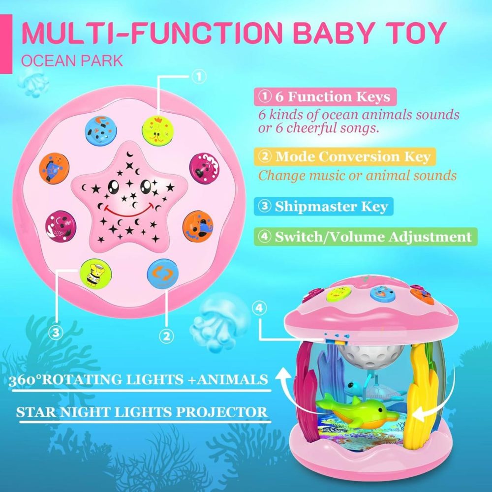 Baby Toys 6-12 Months – Musical Light Up Rotating Toys  Pink Ocean Projector For Infant 9-12-18 Month  Learning Visual & Hearing & Crawling Skill  Birthday Gifts For Toddler Boys Girls 1 2 3 Years Old  |  Musical Toys All Toys