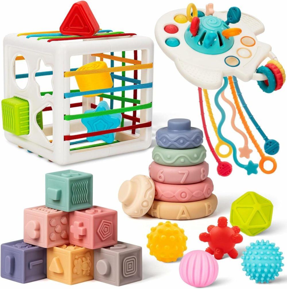 Baby Toys 6 To 12 Months  5 In 1 Montessori Toys For 1 Year Old  Incl Travel Pull String Toy & Shape Sorter & Stacking Baby Block & Soft Infant Ring & Sensory Ball For Toddler 0-3-6-9-12 Month  |  Sorting & Stacking Toys All Toys Sorting & Stacking Toys