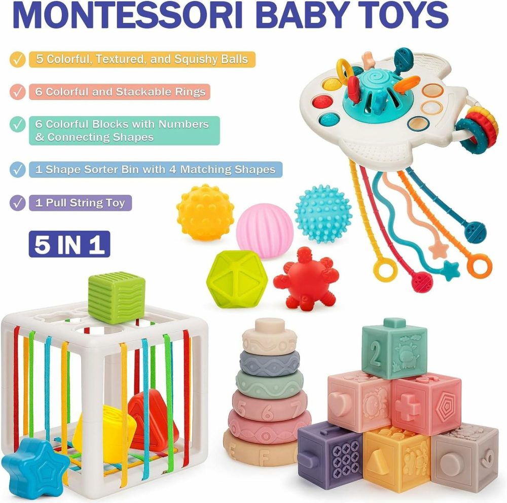 Baby Toys 6 To 12 Months  5 In 1 Montessori Toys For 1 Year Old  Incl Travel Pull String Toy & Shape Sorter & Stacking Baby Block & Soft Infant Ring & Sensory Ball For Toddler 0-3-6-9-12 Month  |  Sorting & Stacking Toys All Toys Sorting & Stacking Toys