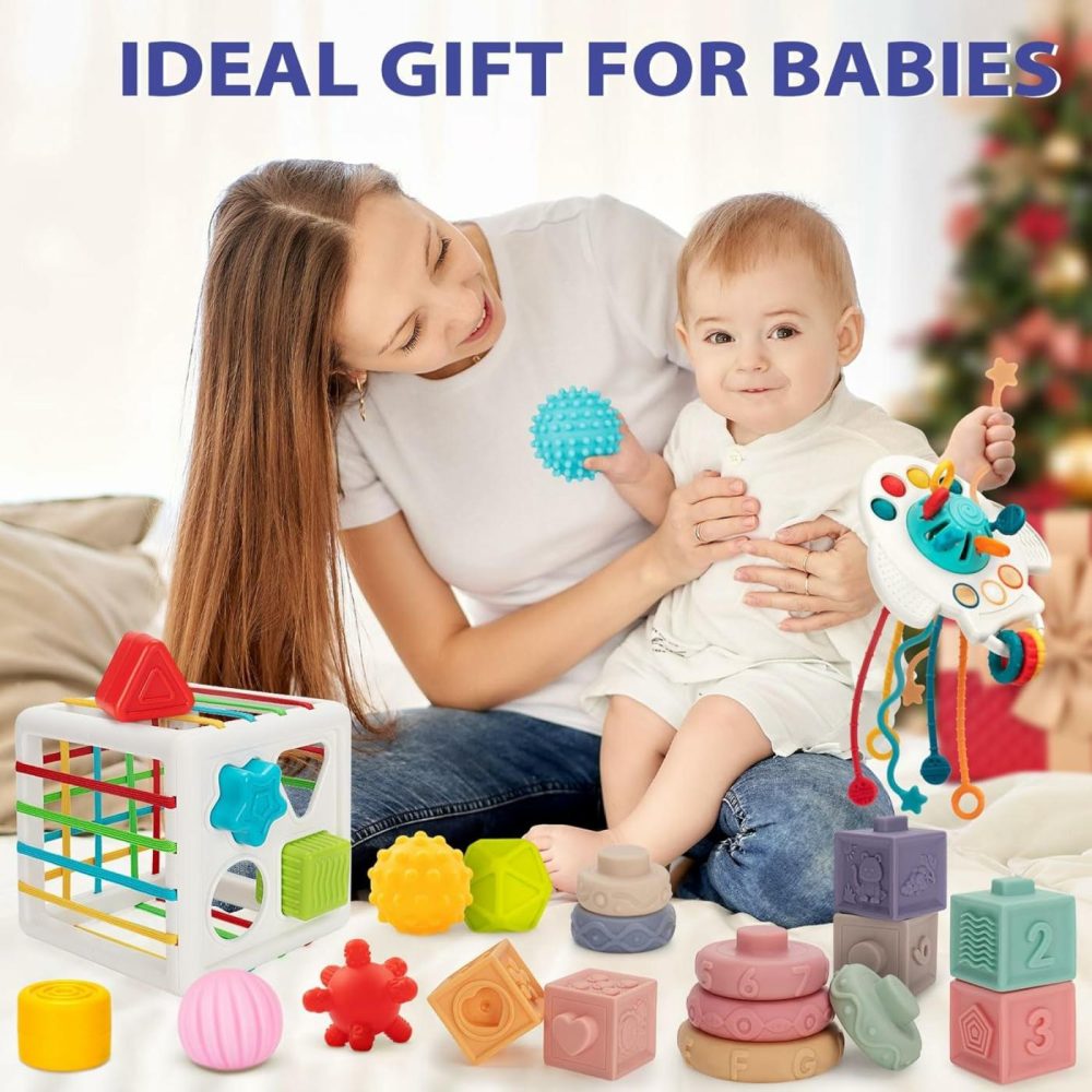 Baby Toys 6 To 12 Months  5 In 1 Montessori Toys For 1 Year Old  Incl Travel Pull String Toy & Shape Sorter & Stacking Baby Block & Soft Infant Ring & Sensory Ball For Toddler 0-3-6-9-12 Month  |  Sorting & Stacking Toys All Toys Sorting & Stacking Toys