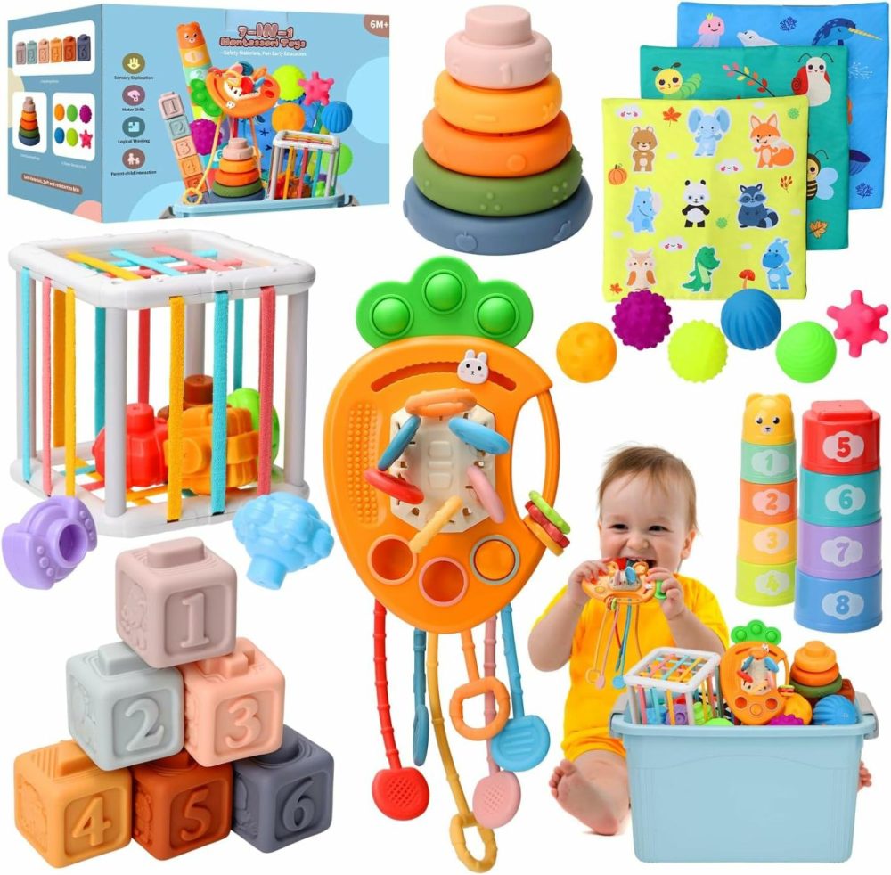 Baby Toys 6 To12 Months  7 In-1 Montessori Toy For 6-9-12-18 Month Old With Pull String Toy  Sensory Bin Toys  Stacking Baby Blocks & Soft Infant Ring & Sensory Ball  Stacking Cups For Toddler Gift  |  Sorting & Stacking Toys All Toys PVC