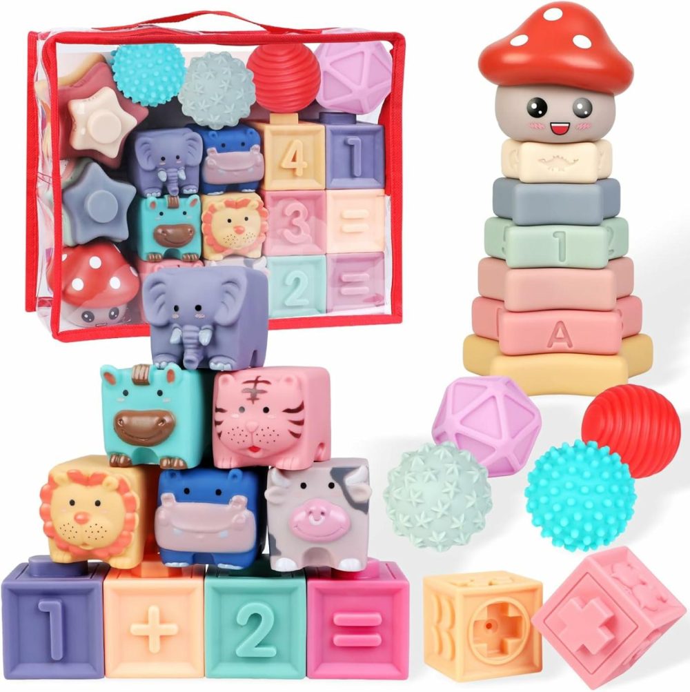 Baby Toys Blocks For Toddler – 3 In 1 Montessori Toy For Babies 6-12 Months  Soft Teething Toys Stacking Building For Infant Boy Girl Silicone Animal Sensory Learning Activity  23 Pcs  |  Sorting & Stacking Toys All Toys Sorting & Stacking Toys