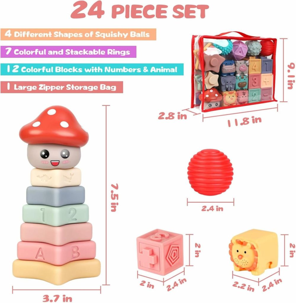 Baby Toys Blocks For Toddler – 3 In 1 Montessori Toy For Babies 6-12 Months  Soft Teething Toys Stacking Building For Infant Boy Girl Silicone Animal Sensory Learning Activity  23 Pcs  |  Sorting & Stacking Toys All Toys Sorting & Stacking Toys