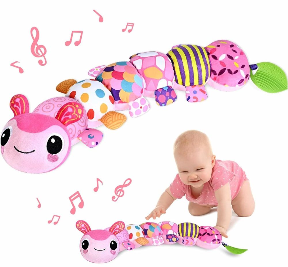 Baby Toys For 0-3-6-9-12 Months  Infant Stuffed Animal  Multi-Sensory Plush Toys  Tummy Time Musical Caterpillar Toy For Newborn  Soft Toys With Crinkle  Rattle And Textures  Birthday Gift For Girls  |  Rattles & Plush Rings All Toys Pink