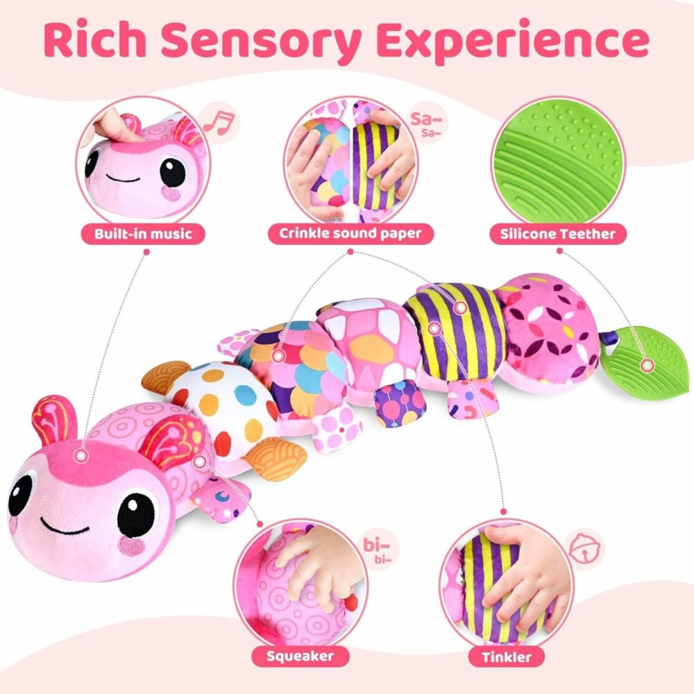 Baby Toys For 0-3-6-9-12 Months  Infant Stuffed Animal  Multi-Sensory Plush Toys  Tummy Time Musical Caterpillar Toy For Newborn  Soft Toys With Crinkle  Rattle And Textures  Birthday Gift For Girls  |  Rattles & Plush Rings All Toys Pink