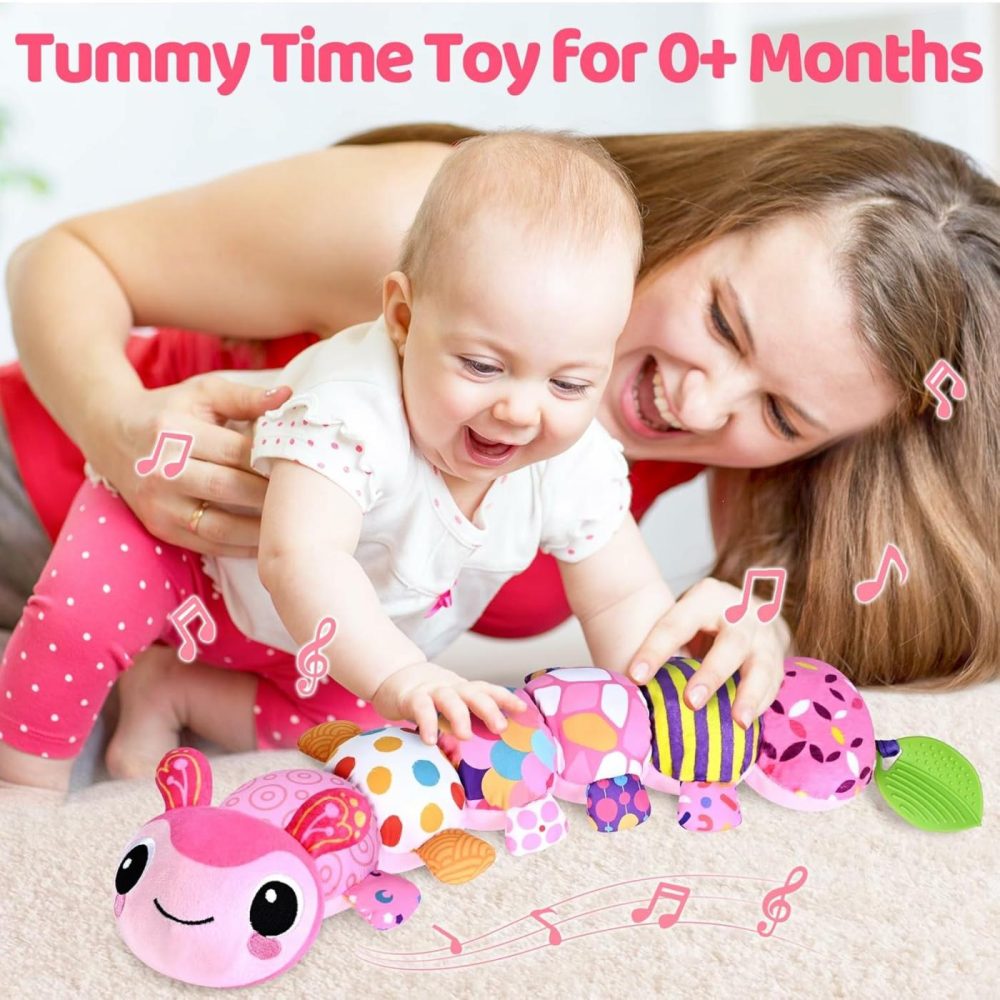 Baby Toys For 0-3-6-9-12 Months  Infant Stuffed Animal  Multi-Sensory Plush Toys  Tummy Time Musical Caterpillar Toy For Newborn  Soft Toys With Crinkle  Rattle And Textures  Birthday Gift For Girls  |  Rattles & Plush Rings All Toys Pink