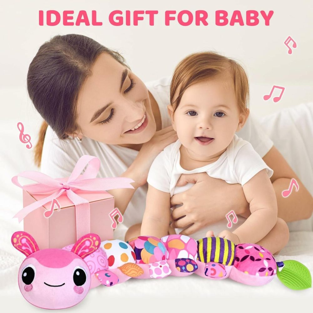 Baby Toys For 0-3-6-9-12 Months  Infant Stuffed Animal  Multi-Sensory Plush Toys  Tummy Time Musical Caterpillar Toy For Newborn  Soft Toys With Crinkle  Rattle And Textures  Birthday Gift For Girls  |  Rattles & Plush Rings All Toys Pink