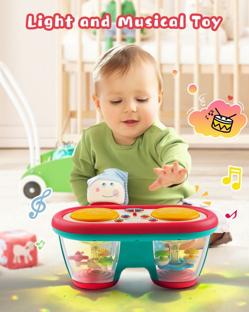 Baby Toys For 6 To 12 Months  Drum Musical Instruments Rotating Light Up Toys For 12-18 Months Kids  Tummy Time Toys For Baby 0-3-6-9 Months  Walker For Baby Boy Girl Toys 1 Year Old (Blue)  |  Musical Toys All Toys Blue