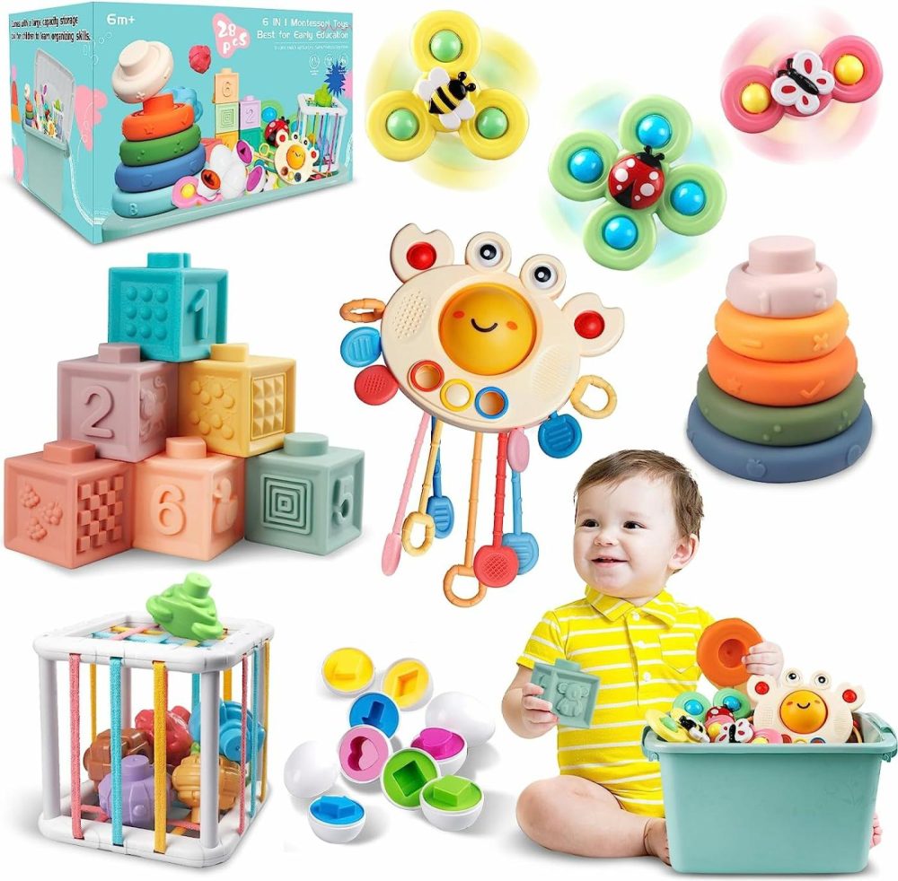 Baby Toys For 6 To 12 Months  Montessori Sensory Bins Toys For Toddlers 1-3  Pull String Teether Infants Bath Toys 6 In 1 Stacking Blocks Rings  Matching Eggs  Suction Cup Spinner Toy  |  Sorting & Stacking Toys All Toys Sorting & Stacking Toys