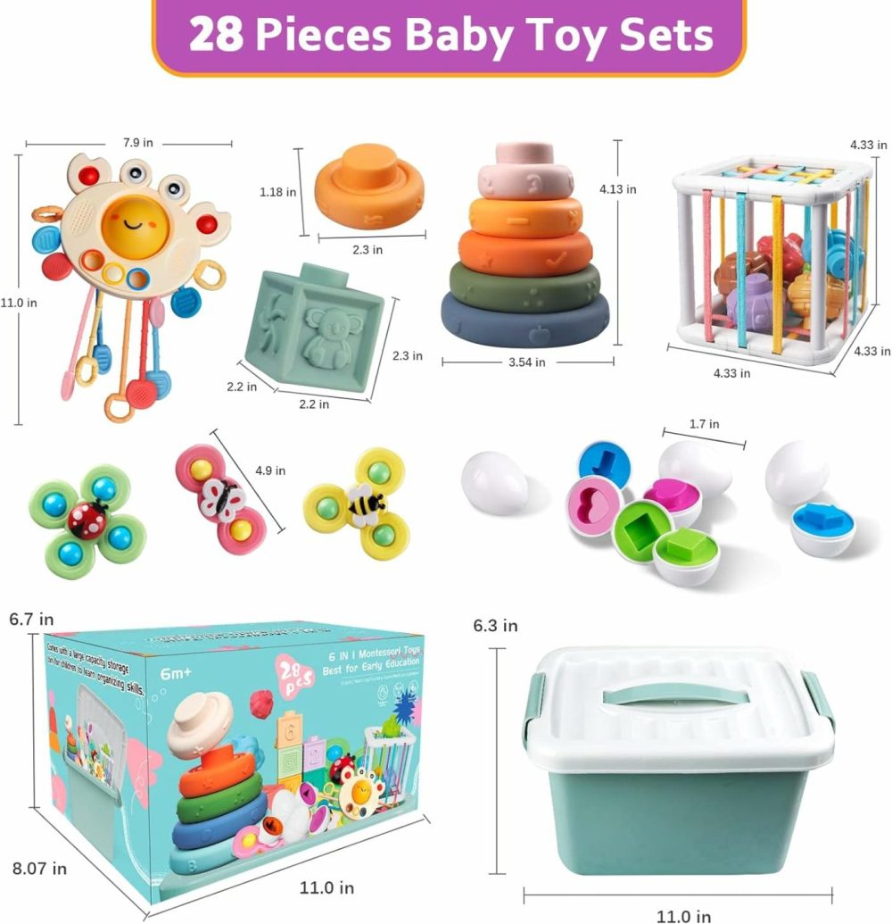 Baby Toys For 6 To 12 Months  Montessori Sensory Bins Toys For Toddlers 1-3  Pull String Teether Infants Bath Toys 6 In 1 Stacking Blocks Rings  Matching Eggs  Suction Cup Spinner Toy  |  Sorting & Stacking Toys All Toys Sorting & Stacking Toys