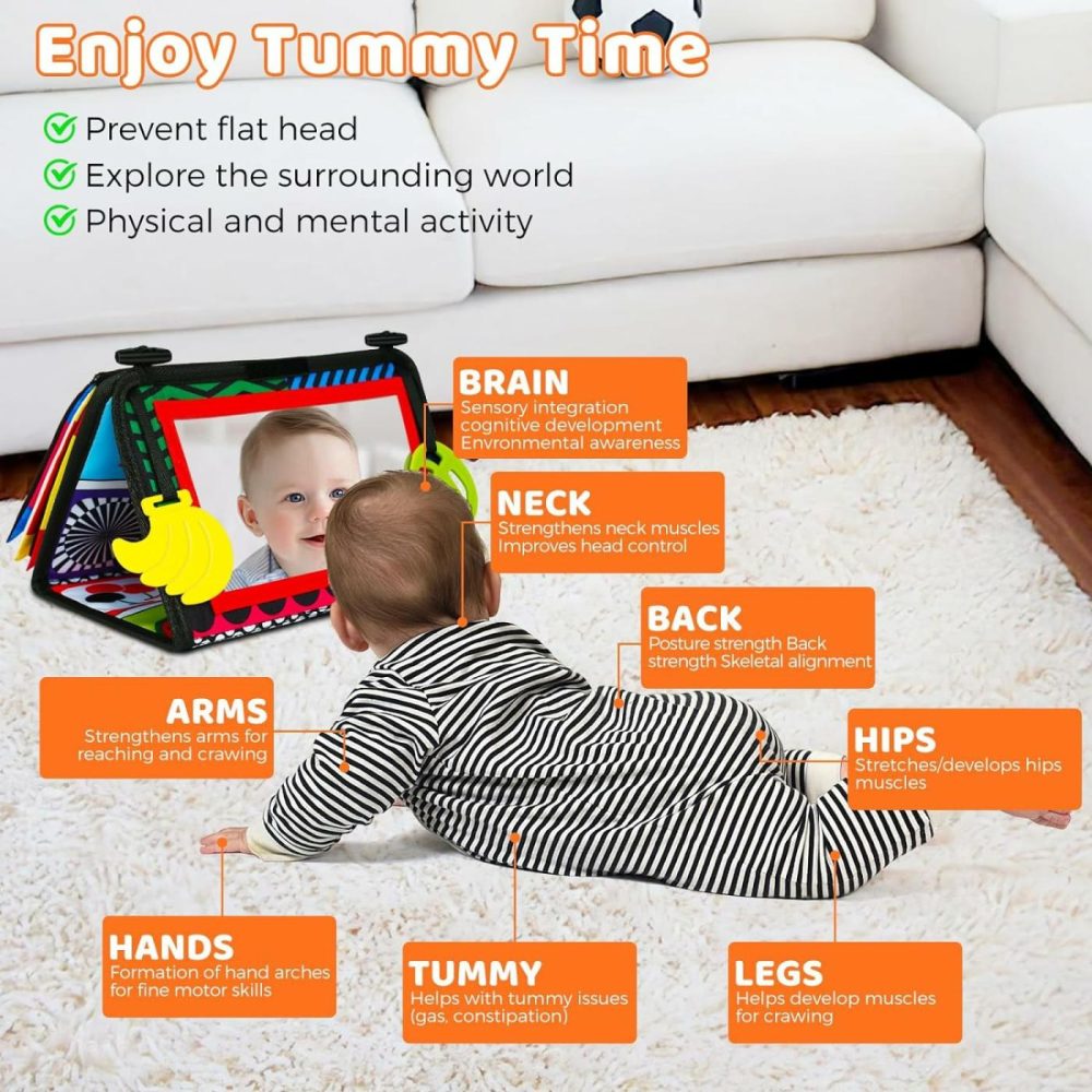 Baby Tummy Time Mirror  Newborn Infant Toys 0 3 6 12 Months With Sensory High Contrast Crinkle Books And Teethers  Baby Tummy Time Sensory Toys For 0-6 Months Old Boy Brain Development  |  Mirrors All Toys Mirrors