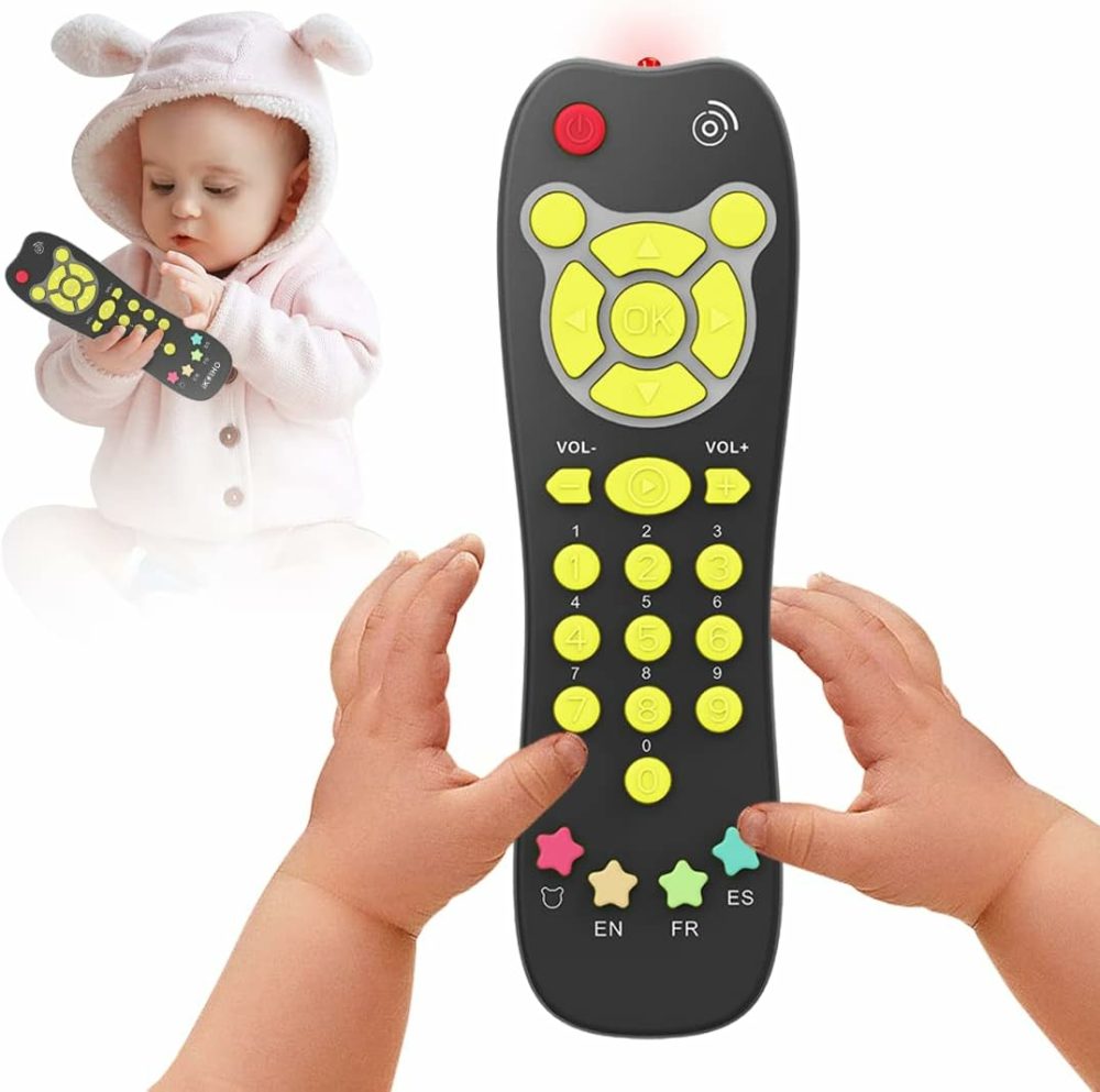 Baby Tv Remote Toy  Toddlers Remote Control Toy Kids Realistic Play Remote Early Educational Baby Musical Toys With Light And Sound English French Spanish For Infant Boys Girls 6 Month+  Black  |  Musical Toys All Toys Black