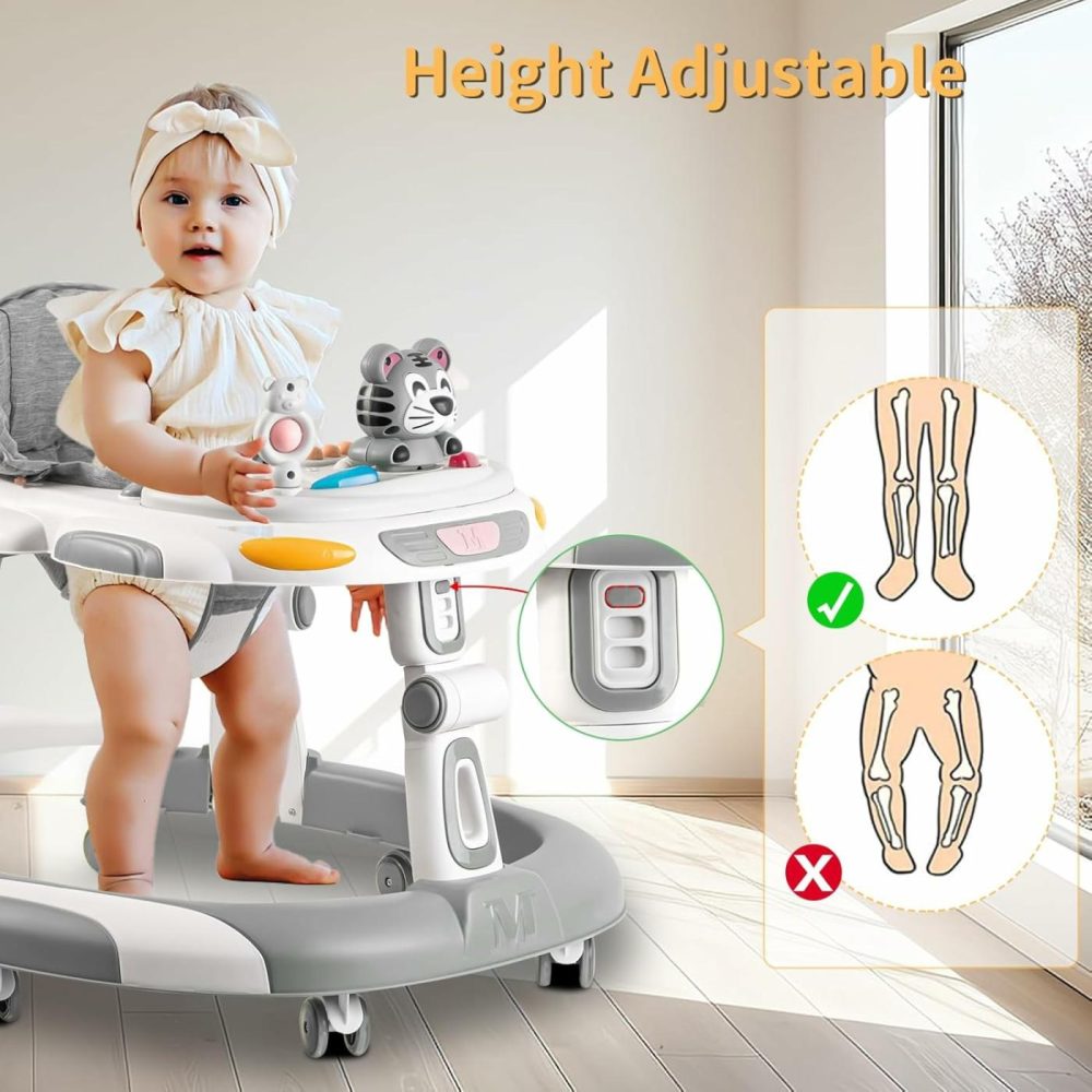 Baby Walker  4-In-1 Foldable Baby Walkers And Baby Activity Center With Toys Tray,3-Gear Height Adjustable Infant Toddler Baby Walker With Wheels For Baby Boys And Girls 6-24 Months(Grey)  |  Walkers All Toys Grey